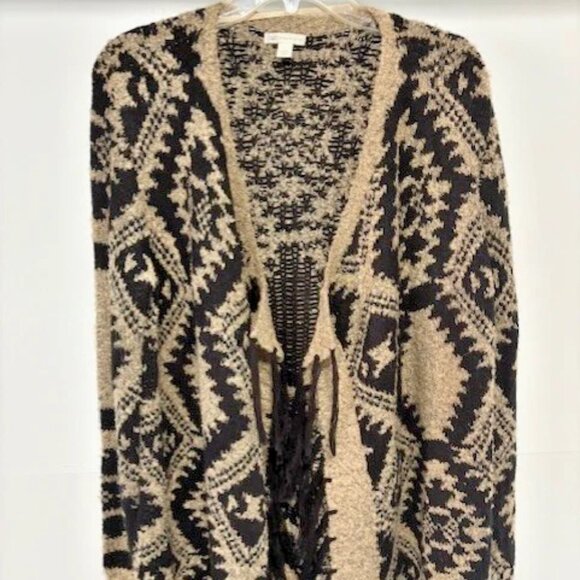Cato Beige Black Gold Metallic L Drape Open Front Tribal Cardigan Fringe Boho - Picture 1 of 9